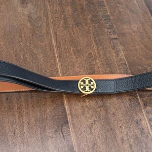 Tory Burch Black and Brown Reversible Leather Belt with Gold Logo Buckle